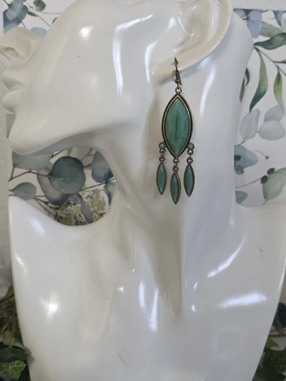 Stony Boho Turquoise Chandelier Dangle Earrings Antique Brass Southwest
